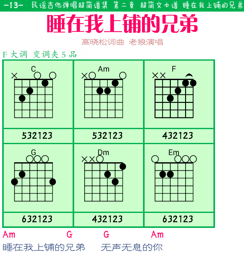 民谣弹唱超简谱集 第13页  睡在我上铺的兄弟  [左上]