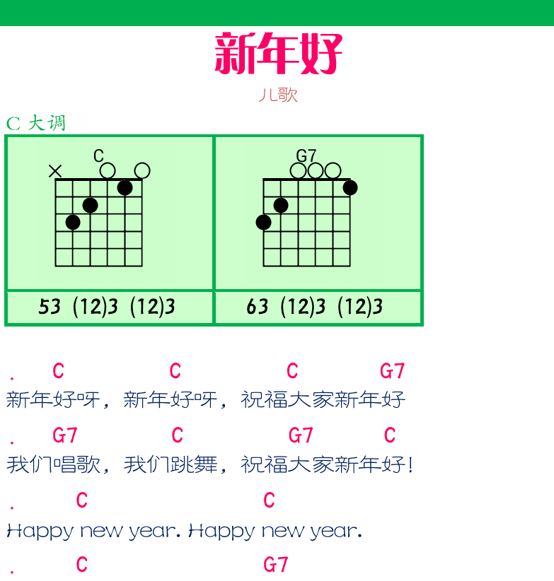 民谣弹唱超简谱集 第7页  第二章_超简文本谱  第一节_C调分解和弦  生日歌  新年好  [右上]
