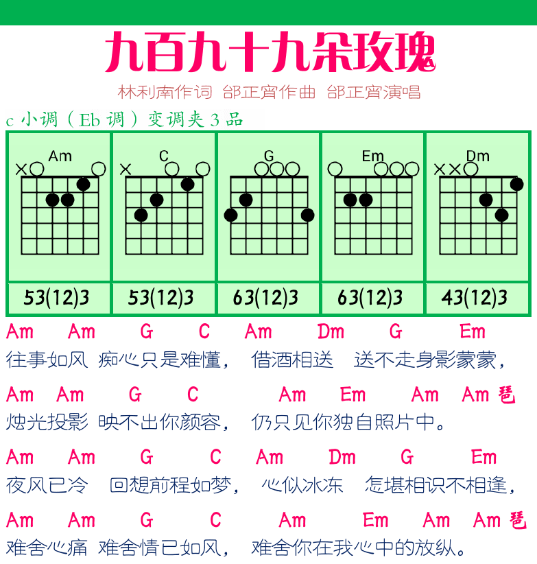 民谣弹唱超简谱集 第17页  单身情歌  九百九十九朵玫瑰  [右上]