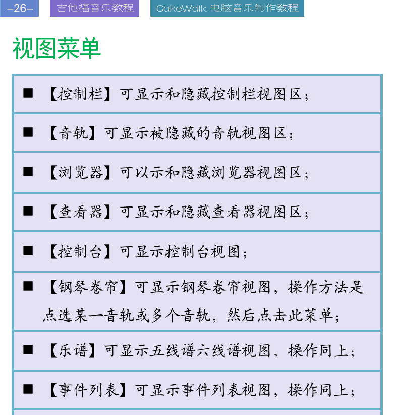Cakewalk电脑音乐制作教程 第26页  视图菜单  插入菜单  处理菜单  [左上]