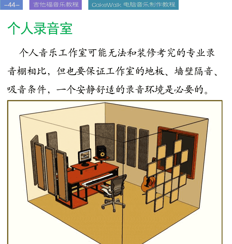 Cakewalk电脑音乐制作教程 第44页  个人录音室  临时录音室  第三章_音频处理技术  第一节_录音与监听  声卡录音  [左上]