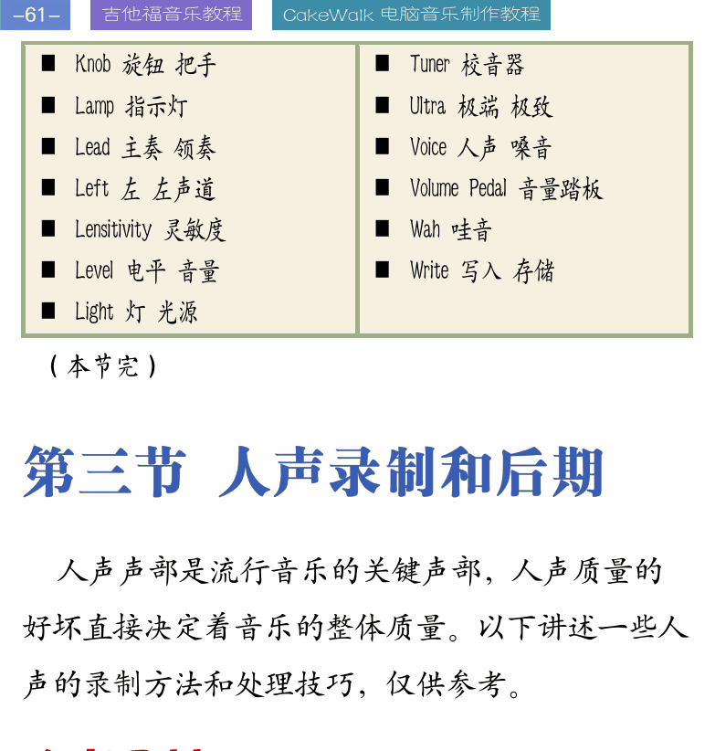 Cakewalk电脑音乐制作教程 第61页  第三节_人声录制和后期  人声录制  电容和动圈话筒  话筒距离和位置  [左上]
