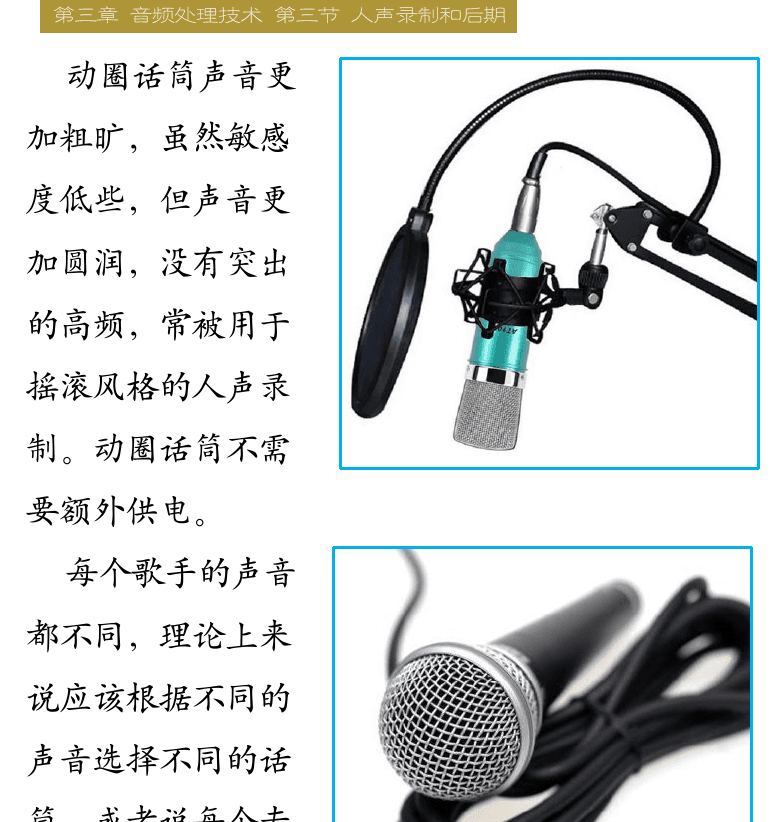 Cakewalk电脑音乐制作教程 第61页  第三节_人声录制和后期  人声录制  电容和动圈话筒  话筒距离和位置  [右上]