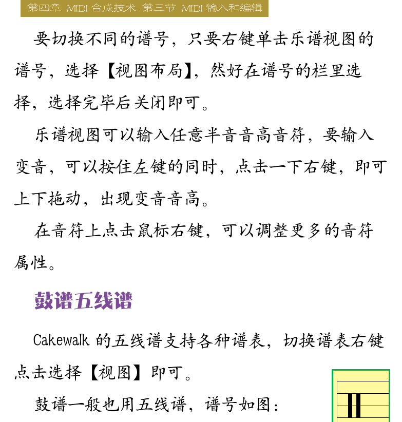Cakewalk电脑音乐制作教程 第83页  编辑MIDI信息  乐谱视图  鼓谱五线谱  [右上]