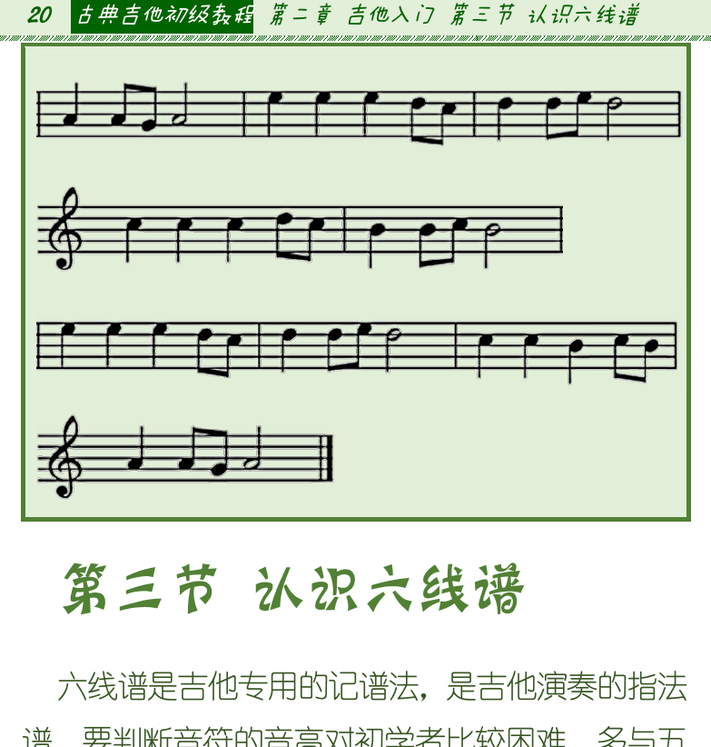古典吉他初级教程 第20页  第三节_认识六线谱  六线谱简介  音符时值  六线谱和简谱  附点音符  [左上]