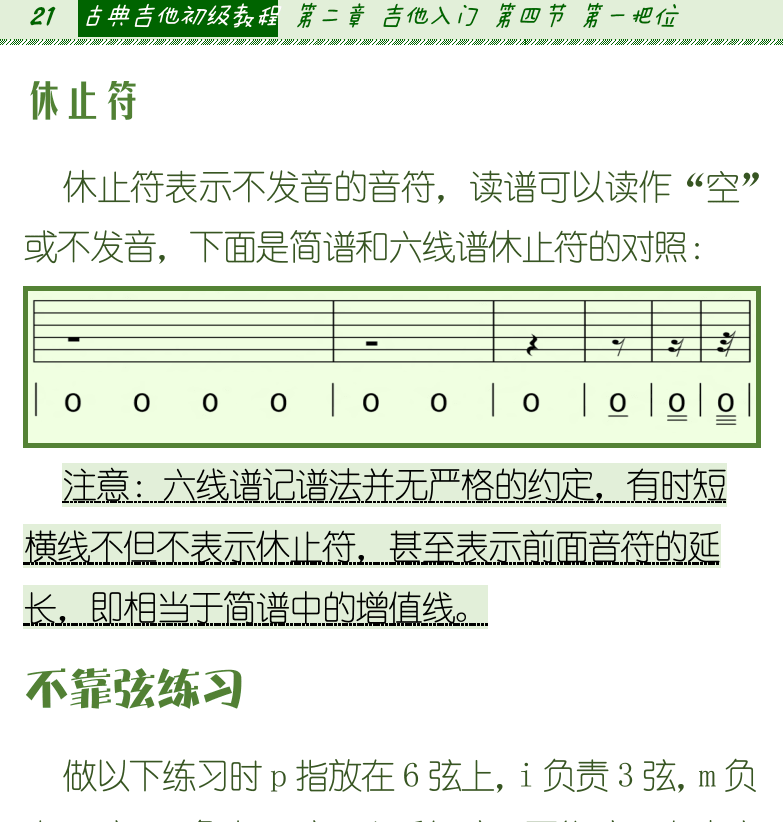 古典吉他初级教程 第21页  休止符  不靠弦练习  靠弦练习  兰花草  第四节_第一把位  把位  [左上]
