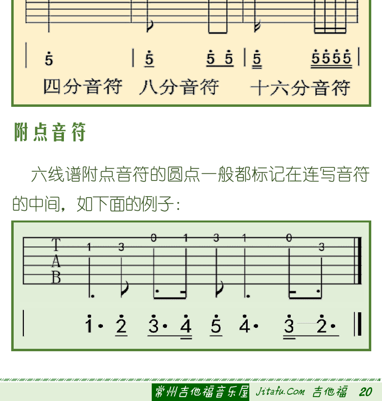 古典吉他初级教程 第20页  第三节_认识六线谱  六线谱简介  音符时值  六线谱和简谱  附点音符  [右下]