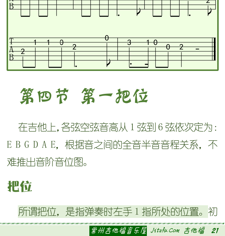 古典吉他初级教程 第21页  休止符  不靠弦练习  靠弦练习  兰花草  第四节_第一把位  把位  [右下]