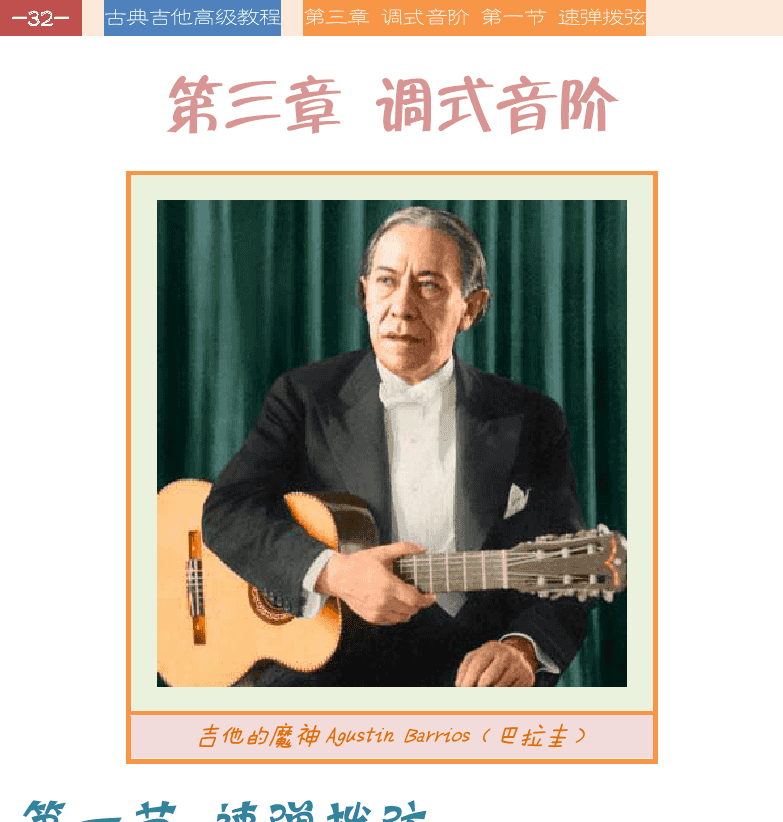 古典吉他高级教程 第32页  第三章_调式音阶  第一节_速弹拨弦  手指拨弦  交替拨弦  [左上]