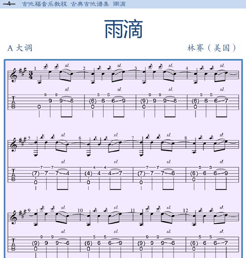 古典吉他谱集 第4页  雨滴  [左上]