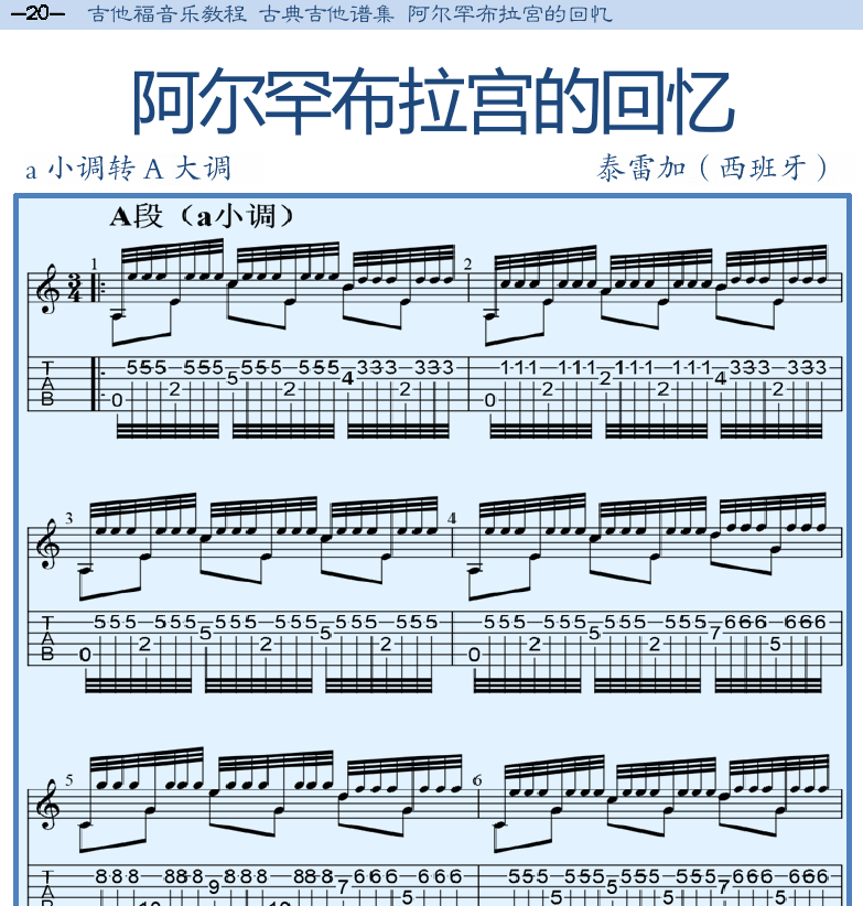 古典吉他谱集 第20页  阿尔罕布拉宫的回忆  [左上]