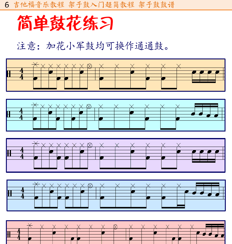 架子鼓入门 第6页  简单鼓花练习  小军鼓双跳练习  常用节奏练习  切分节奏练习  [左上]