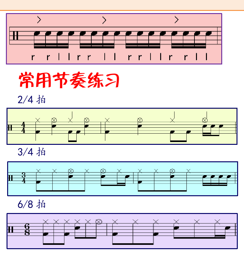 架子鼓入门 第6页  简单鼓花练习  小军鼓双跳练习  常用节奏练习  切分节奏练习  [右上]