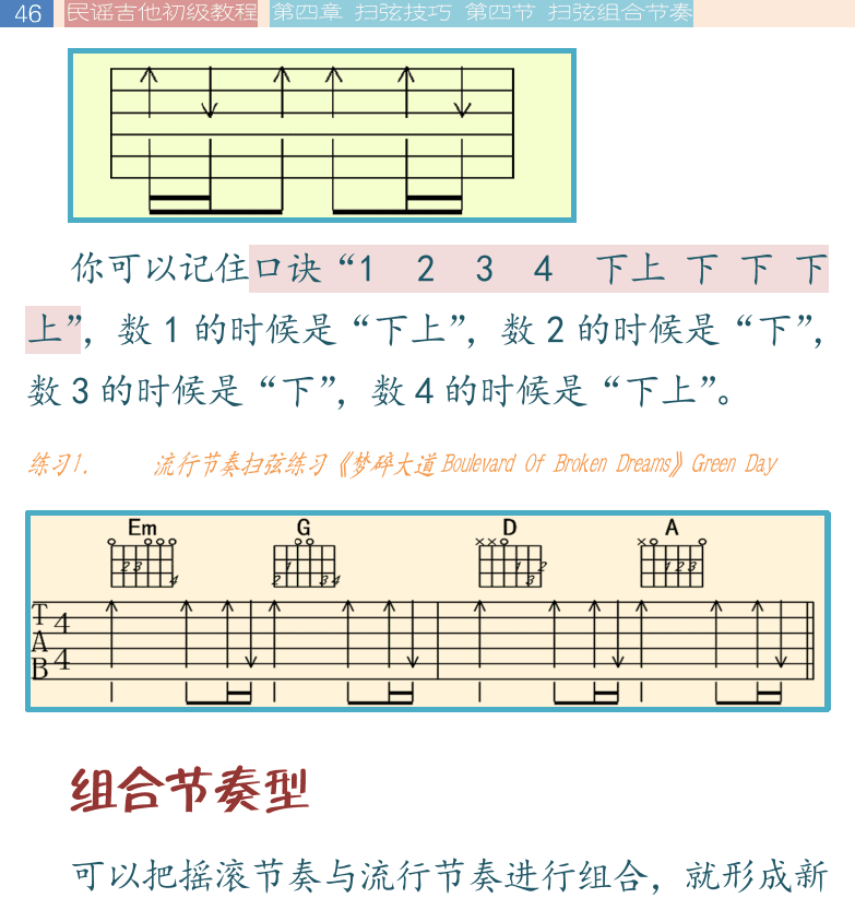 民谣吉他初级教程 第46页  Boulevard_Of_Broken_Dreams  组合节奏型  第四节_扫弦组合节奏  摇滚组合节奏  流行组合节奏  [左上]