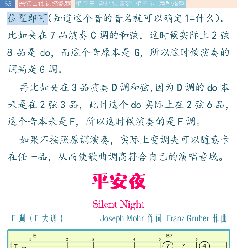 民谣吉他初级教程 第53页  平安夜  Silent_Night  第三节_两种指型  Mi型和La型  指板位置  [左上]