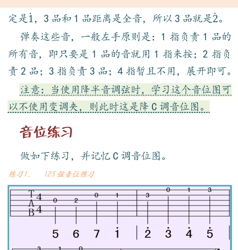 民谣吉他初级教程 第16页  第四节_弹奏旋律  C调音位图  音位练习  [右上]