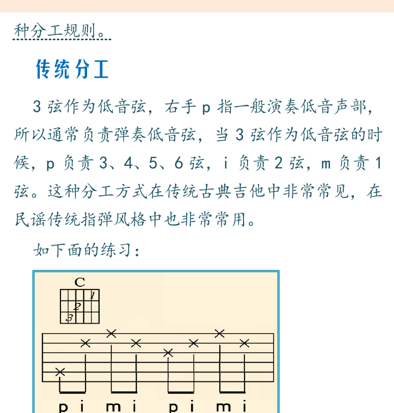 民谣吉他初级教程 第20页  琶音奏法  手指分工  现代分工  传统分工  小三和弦  [右上]