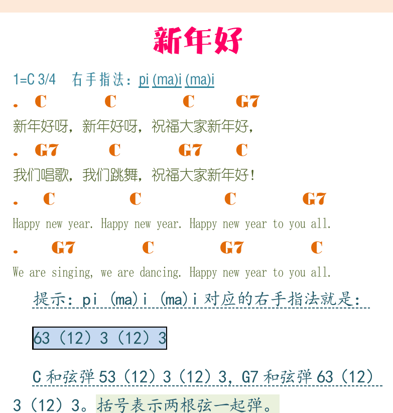 民谣吉他初级教程 第22页  生日歌  新年好  第六节_歌曲弹唱  弹唱配合  [右上]
