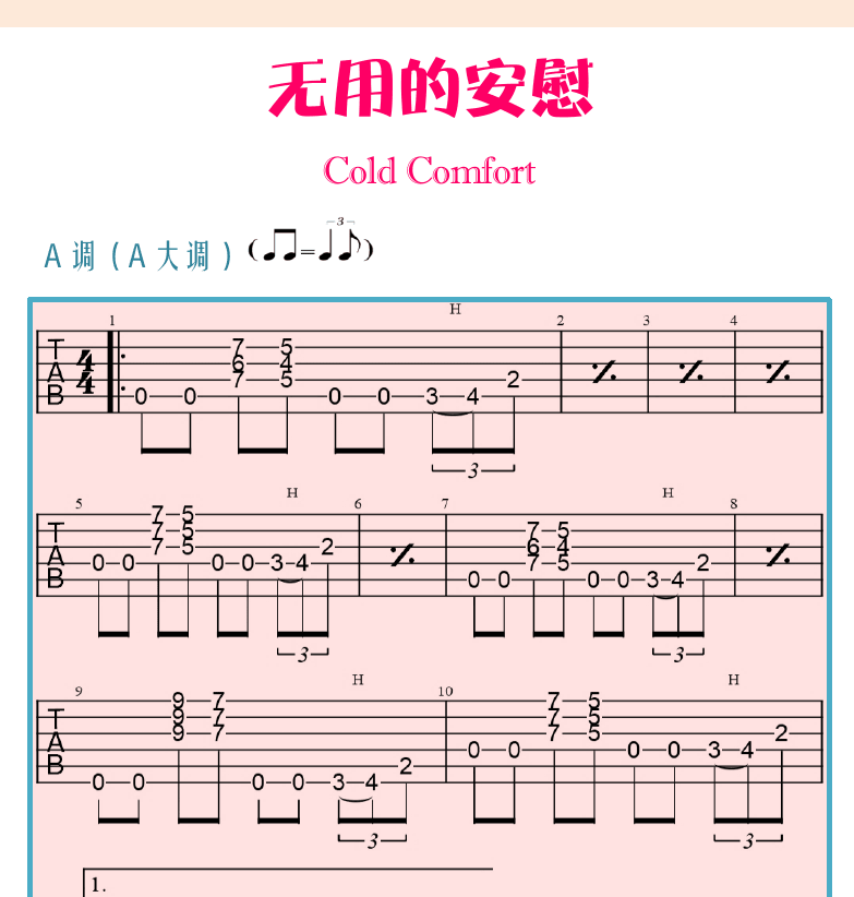 民谣吉他初级教程 第78页  古典指弹音型  流行指弹音型  无用的安慰  Cold_Comfort  [右上]
