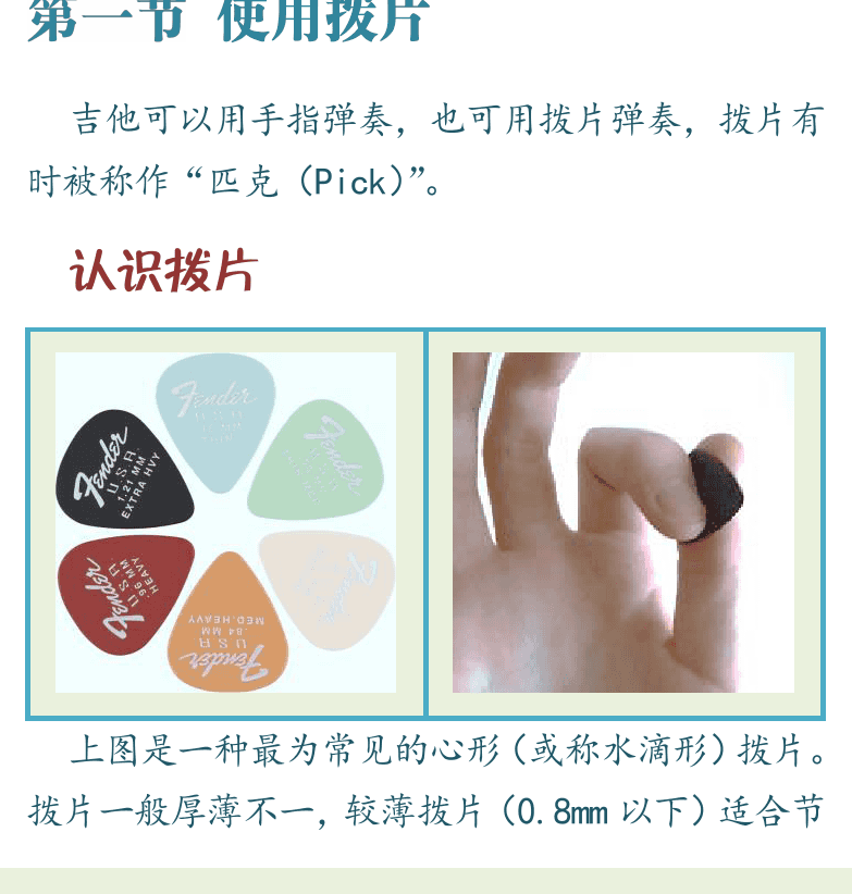 民谣吉他初级教程 第30页  第三章_拨片独奏  第一节_使用拨片  认识拨片  持拿拨片  支撑方式  [左下]