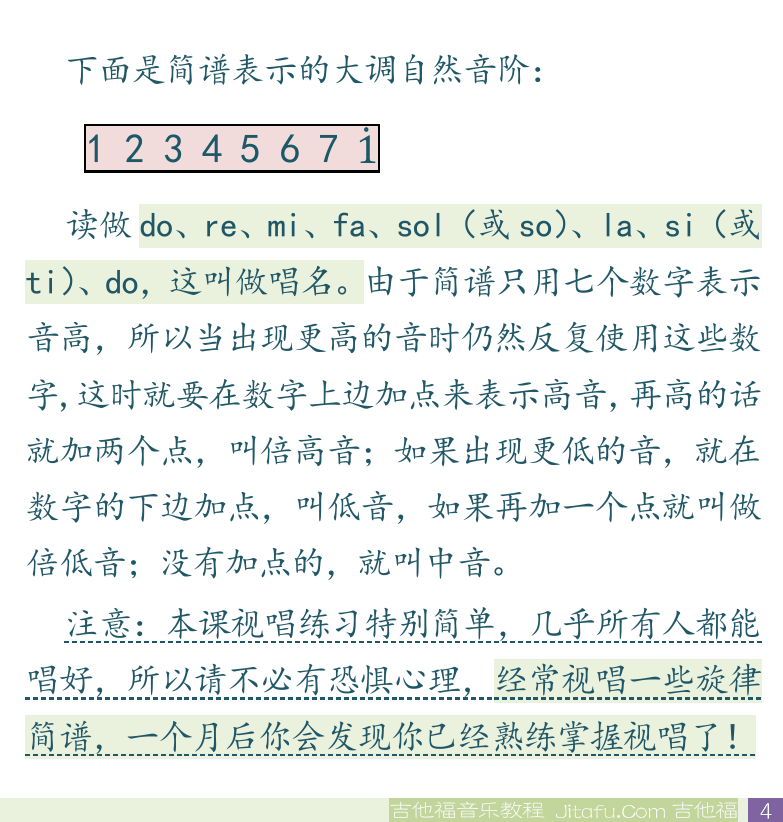 民谣吉他初级教程 第4页  学习方法  第二节_简谱视唱  [右下]