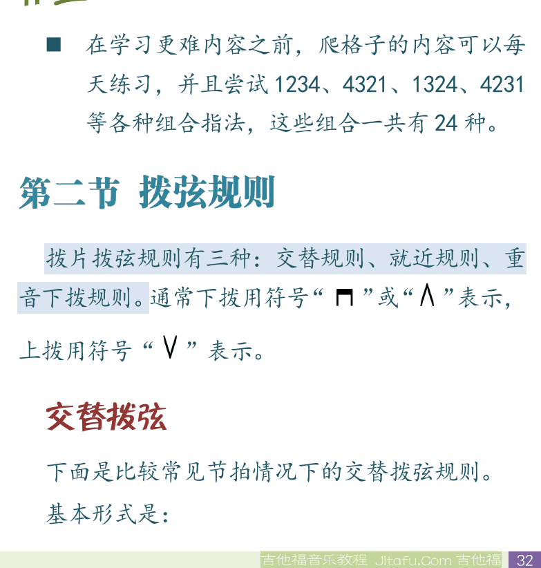 民谣吉他初级教程 第32页  滚指和换指  妹妹带着洋娃娃  第二节_拨弦规则  交替拨弦  [右下]