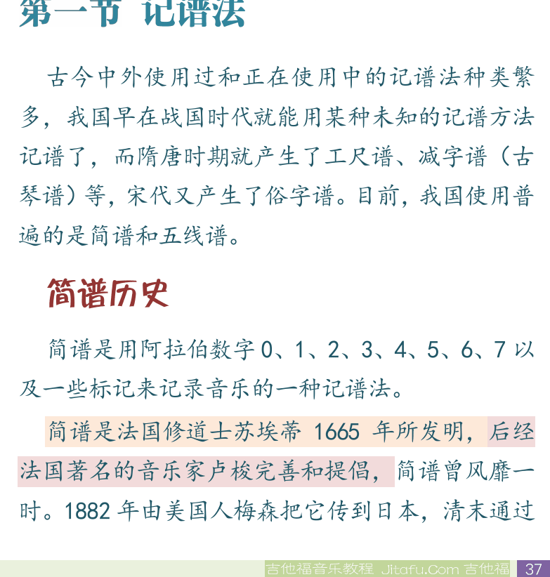 民谣吉他初级教程 第37页  不再犹豫  第四章_扫弦技巧  第一节_记谱法  简谱历史  [右下]