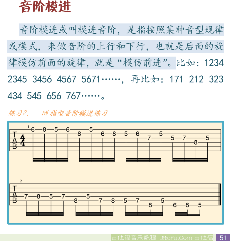 民谣吉他初级教程 第51页  第二节_高把位音阶  音阶模块  音阶模进  [右下]