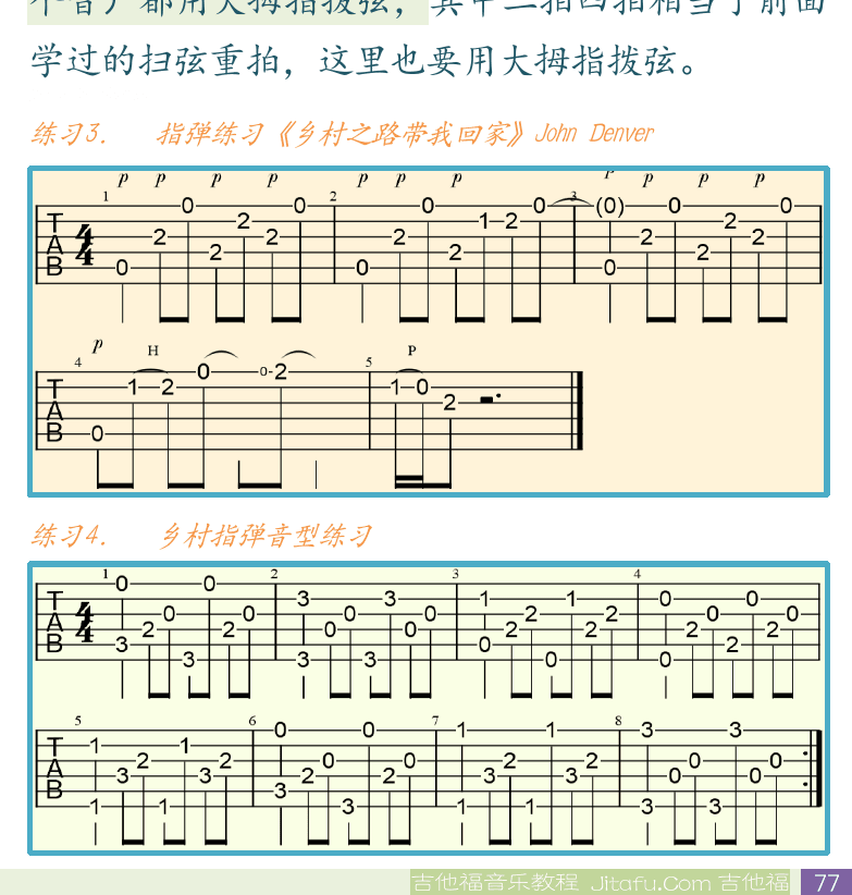 民谣吉他初级教程 第77页  布鲁斯指弹音型  乡村指弹音型  乡村之路带我回家  [右下]
