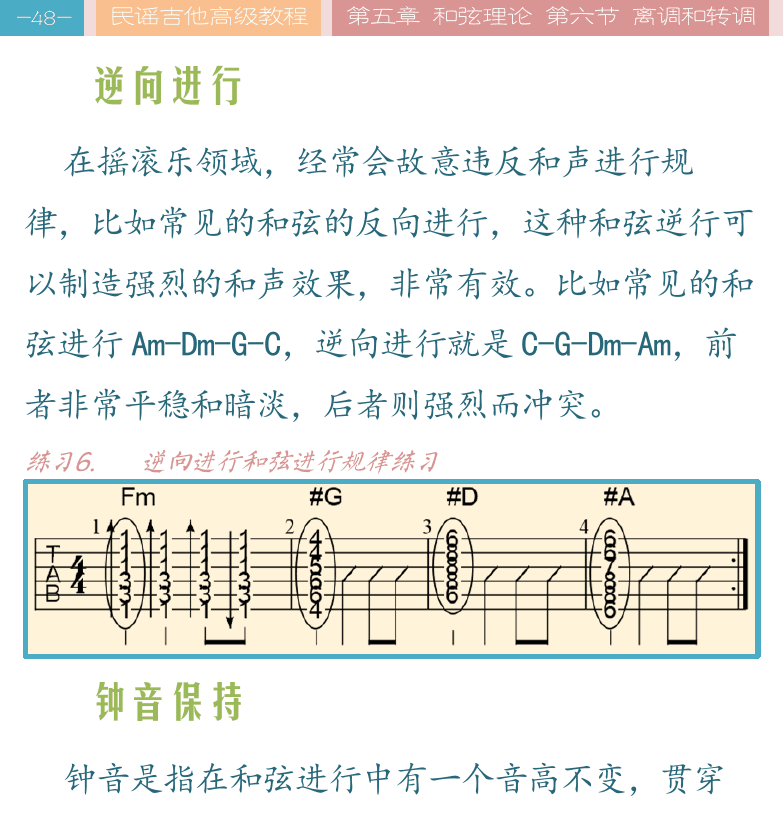 民谣吉他高级教程 第48页  逆向进行  钟音保持  第六节_离调和转调  关系调式和同名调式  [左上]