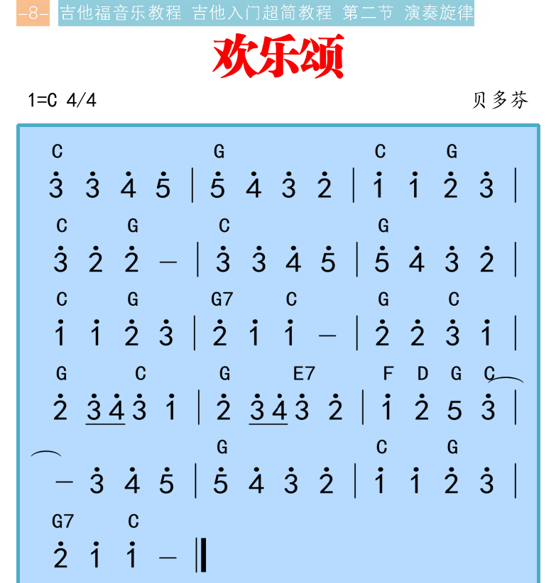 吉他入门超简教程 第8页  欢乐颂  五线谱  龙的传人  [左上]