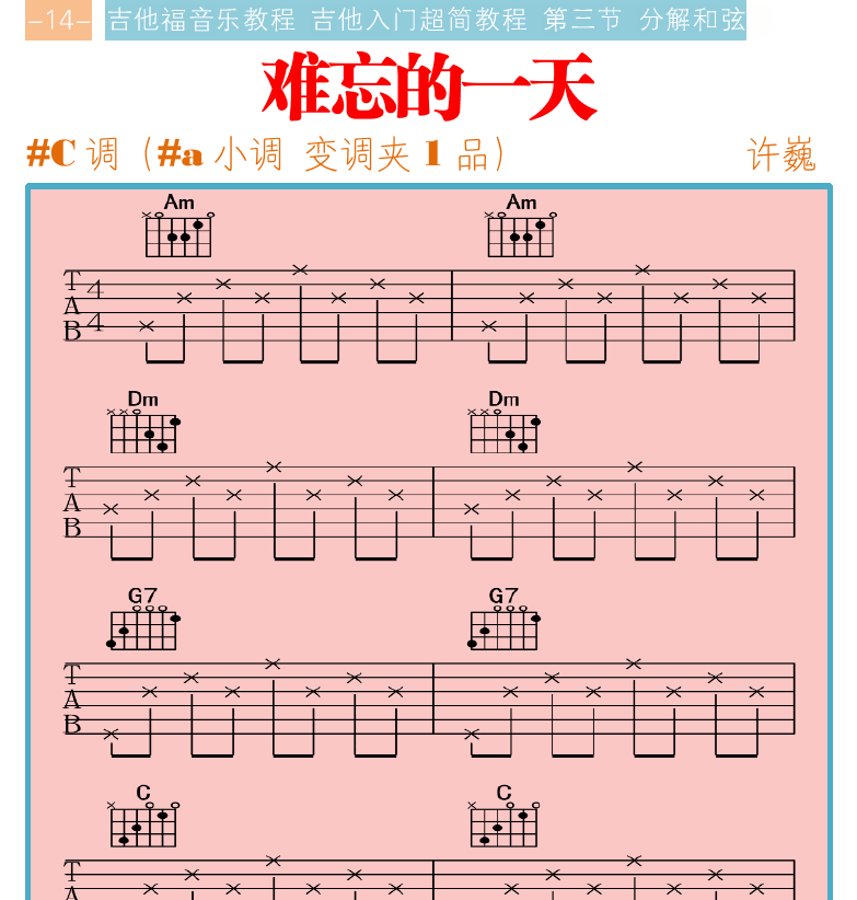 吉他入门超简教程 第14页  难忘的一天  [左上]