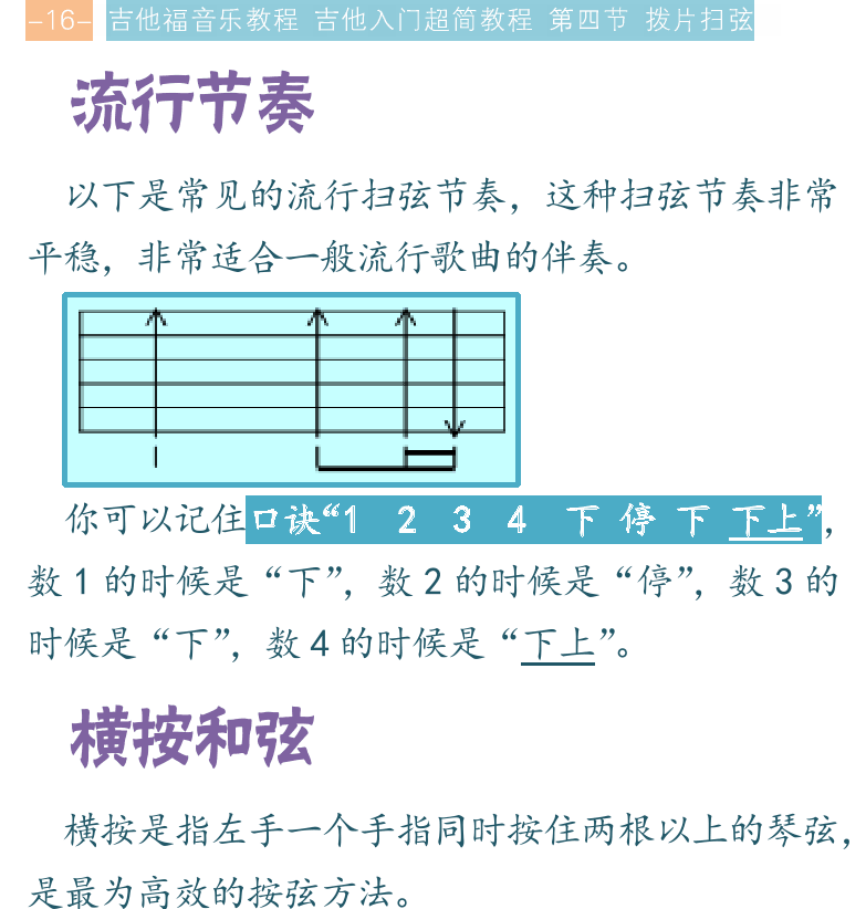 吉他入门超简教程 第16页  流行节奏  横按和弦  大横按  小横按  和弦外音  [左上]