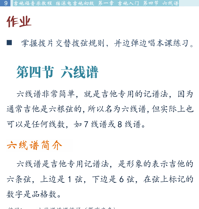 摇滚电吉他初级教程 第9页  第四节_六线谱  六线谱简介  交替拨弦  音阶弹奏  爬格子  [左上]