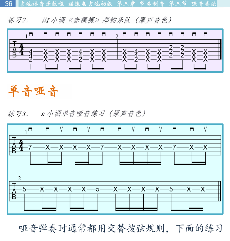 摇滚电吉他初级教程 第36页  赤裸裸  单音哑音  连复段  从头再来  Smells_Like_Teen_Spirit  [左上]