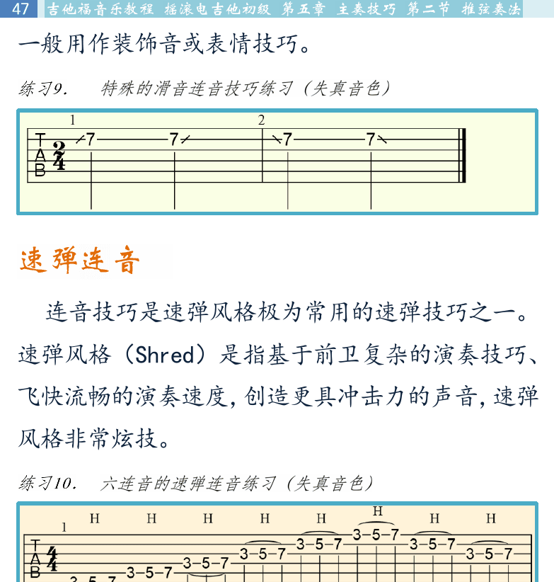 摇滚电吉他初级教程 第47页  快速连音  倚音连音  第二节_推弦奏法  [左上]