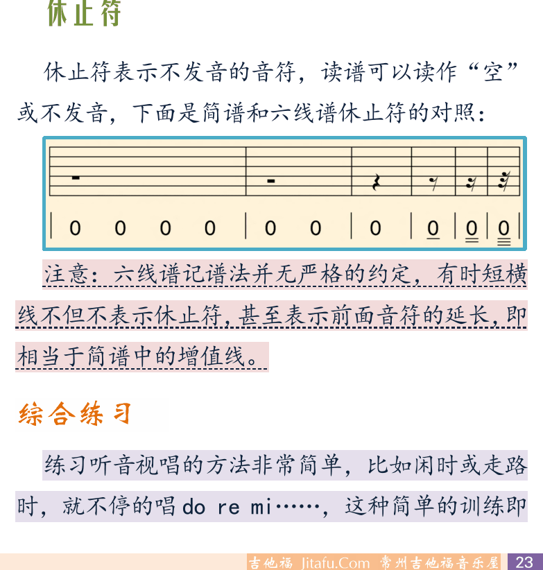 摇滚电吉他初级教程 第23页  简谱结构  友谊地久天长  六线谱音符  休止符  综合练习  [右下]