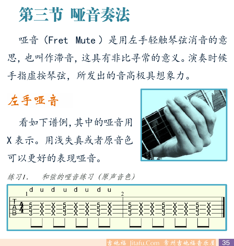 摇滚电吉他初级教程 第35页  综合应用  Big_Gun  第三节_哑音奏法  左手哑音  [右下]