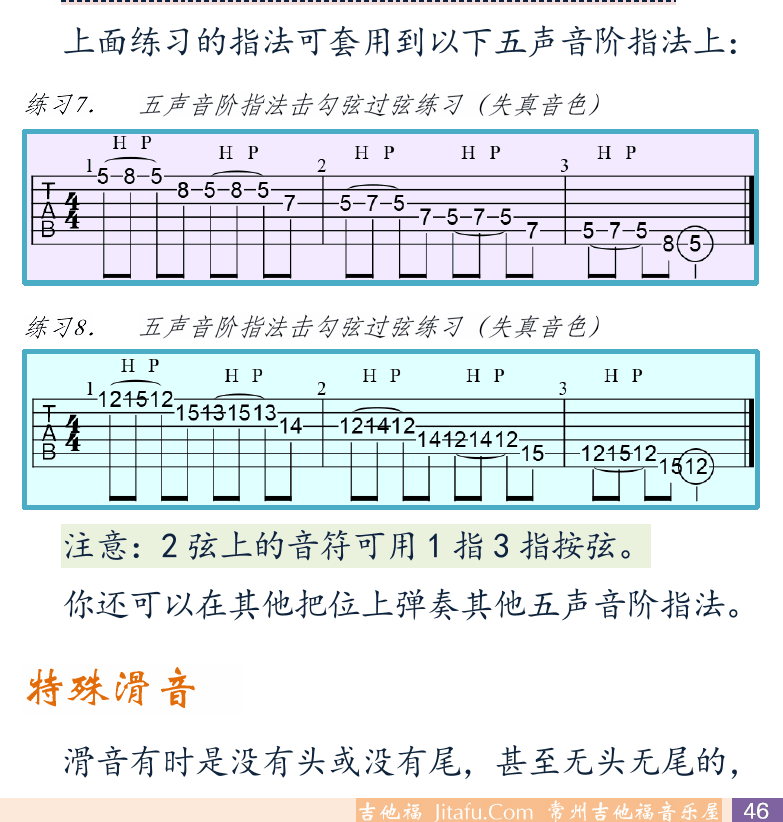 摇滚电吉他初级教程 第46页  滑音奏法  击勾连音  特殊滑音  [右下]
