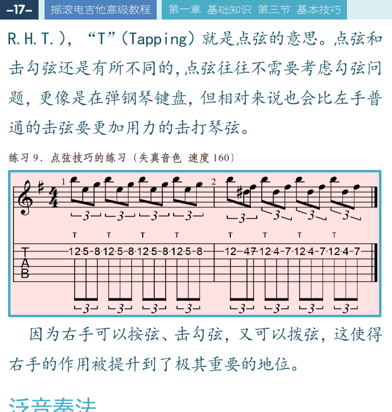 摇滚电吉他高级教程 第17页  泛音奏法  自然泛音奏法  人工泛音奏法  双弹奏法  和音奏法  [左上]
