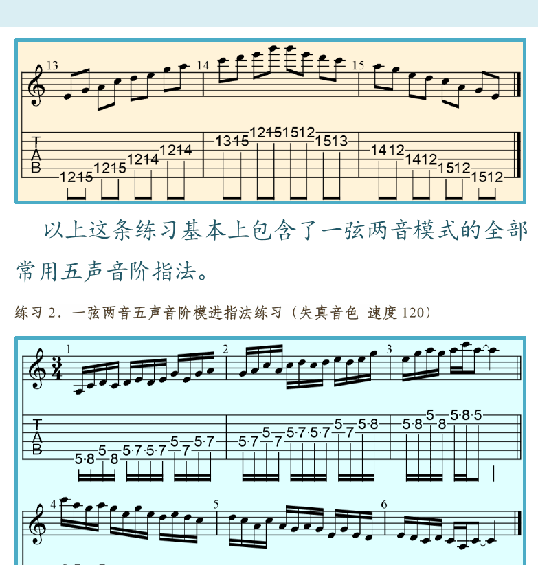 摇滚电吉他高级教程 第48页  一弦两音模式  一弦三音模式  [右上]