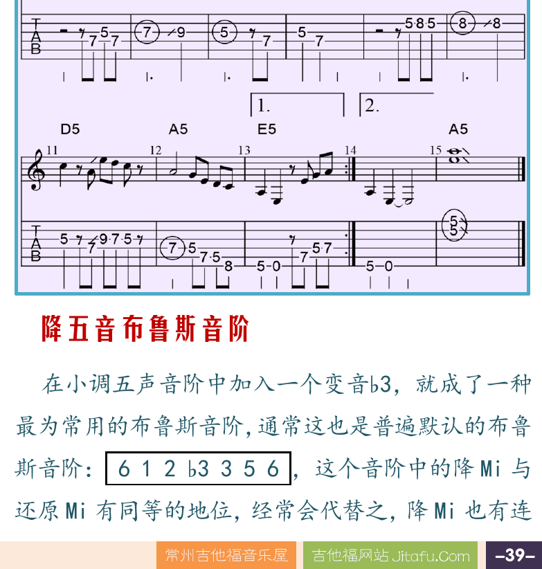 摇滚电吉他高级教程 第39页  布鲁斯音阶  小调五声音阶  降五音布鲁斯音阶  [右下]