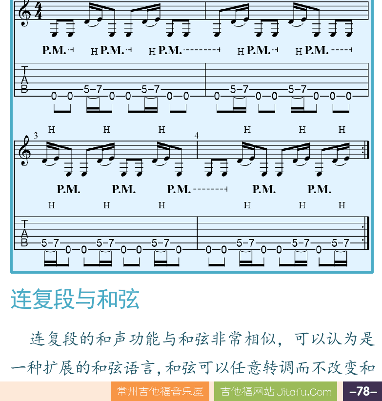 摇滚电吉他高级教程 第78页  第五节_连复段  连复段节奏型  连复段与和弦  [右下]