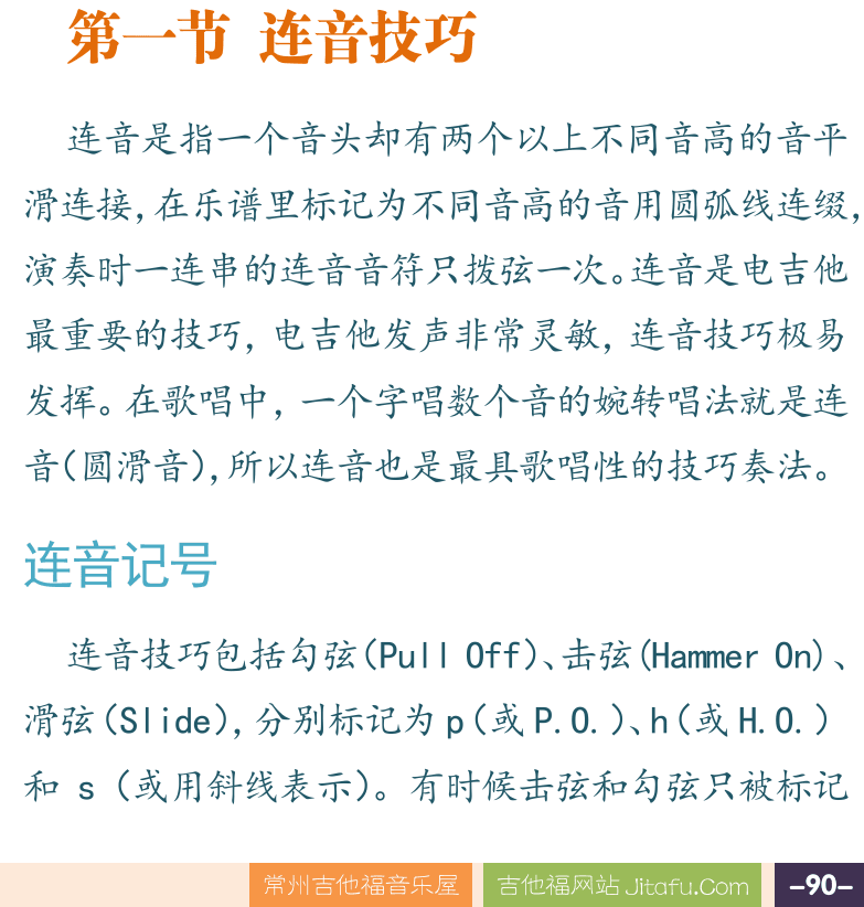 摇滚电吉他高级教程 第90页  第五章_连音奏法  第一节_连音技巧  连音记号  [右下]