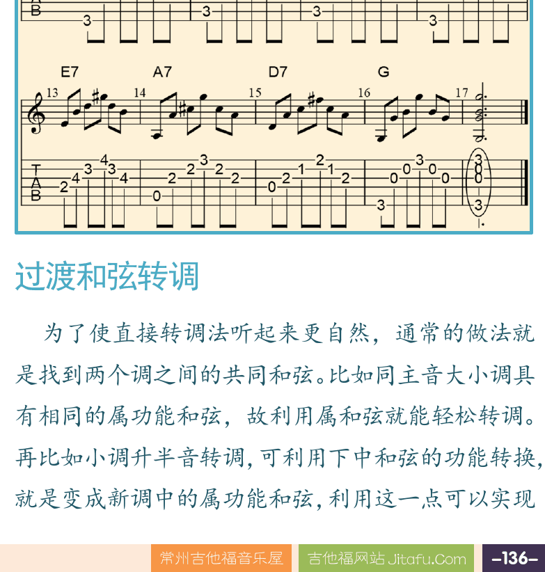 摇滚电吉他高级教程 第136页  第五节_离调和转调  关系调和同名调  过渡和弦转调  [右下]