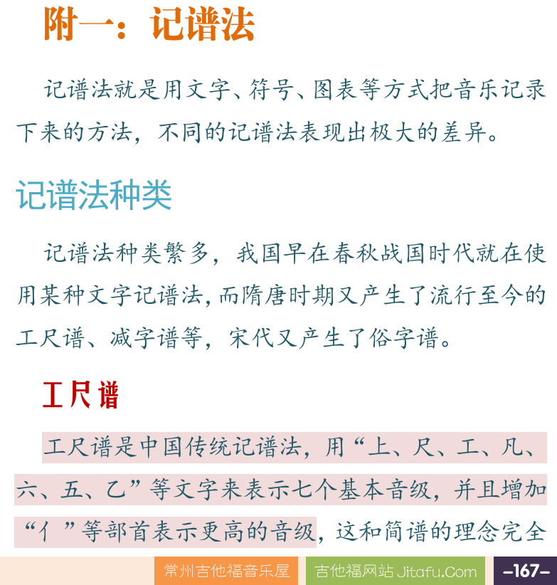 摇滚电吉他高级教程 第167页  数字音频技术  效果器插件  附_录  附一：记谱法  记谱法种类  工尺谱  [右下]